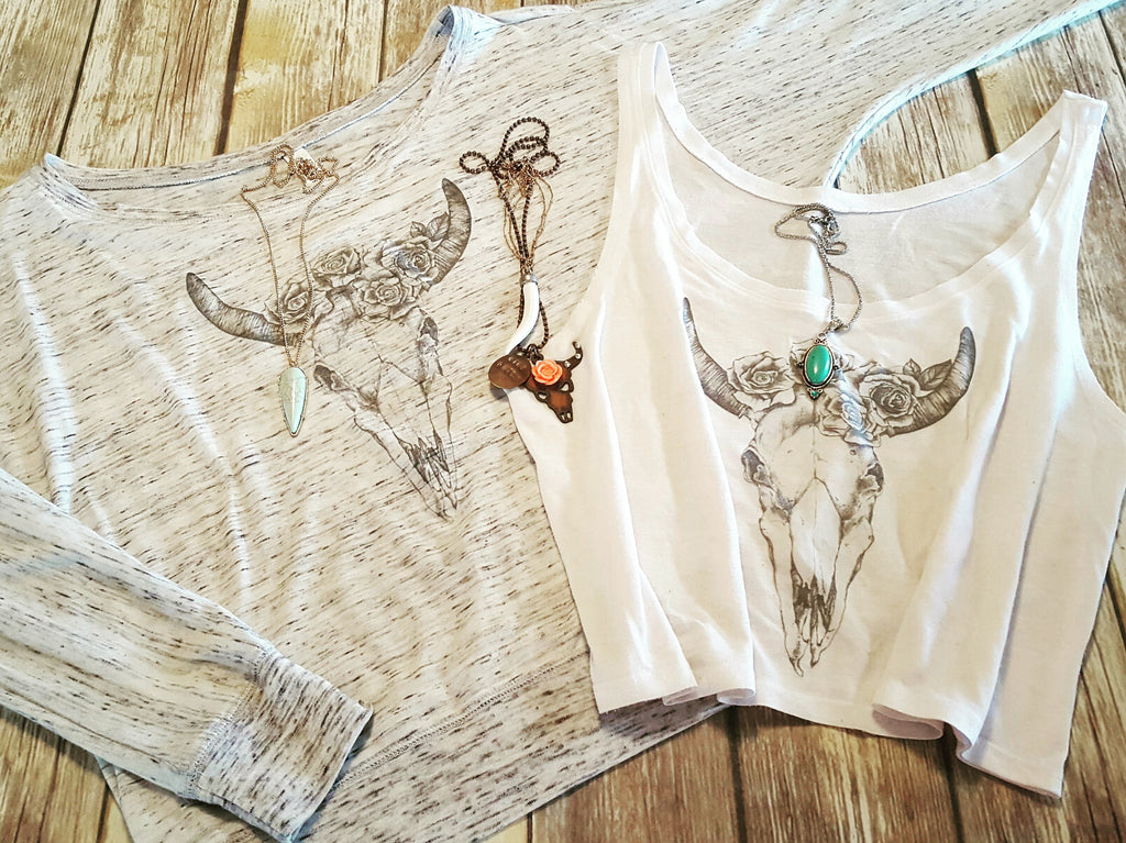 Get your vintage boho on with our "Bull Skull" tank and long sleeved tee!