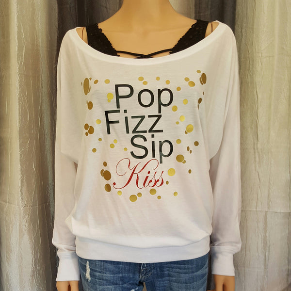 Pop Fizz Sip Kiss Off-Shoulder Tee - White - Small - Sweet or Spicy Apparel - 1