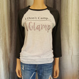 I Don't Camp...I Glamp Baseball Tee - White Fleck/Charcoal Black- Small - Sweet or Spicy Apparel - 1