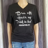 Bra off Hair up Drink in hand Tee