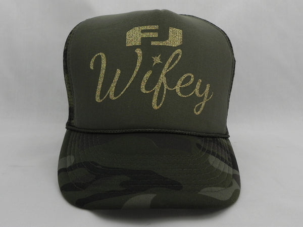 FJ Wifey Trucker Hat - Camo Hat with Olive Green Face - Sweet or Spicy Apparel - 1