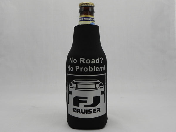 No Road? No Problem FJ Cruiser Zippered Bottle Koozie - black Koozie with Silver Script - Sweet or Spicy Apparel - 1