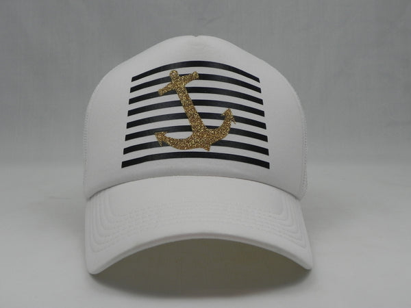 Stripes & Anchor Trucker Hat - White Hat with White Face - Sweet or Spicy Apparel - 4